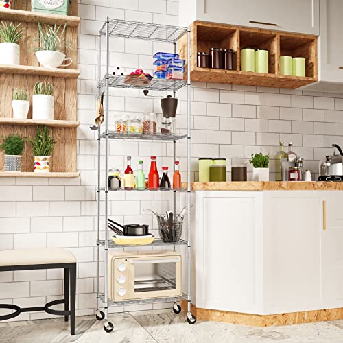 Homdox 6-Tier Storage Shelf Wire Shelving Unit Free Standing Rack Organization with Caster Wheels, Stainless Side Hooks, Silver Gray - color: Silver, size: 21.26*11.42*72.05 inch