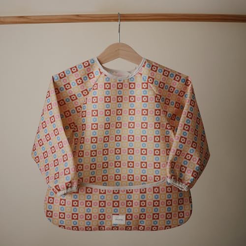 mushie Long Sleeve Baby Bib | Water Resistant Adjustable Fit - color: Happy Flowers Check