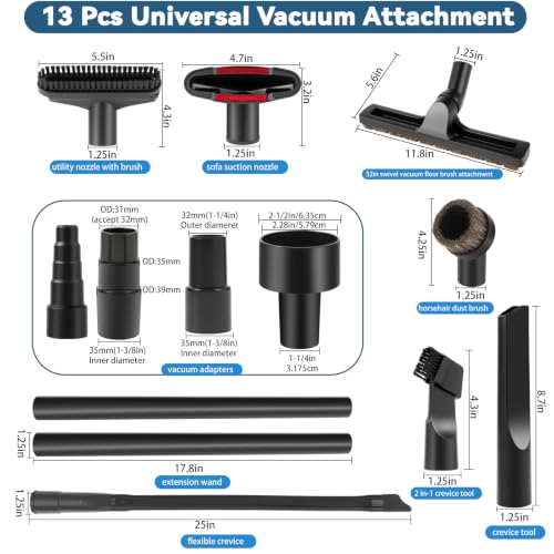 SEVNX Universal Vacuum Attachments Kits for Shop Vac, 2 1/2" to 1 1/4" Vacuum Adapter, 1 7/8" to 1" Hose Adapter Dust Brush Flexible Crevice Extension Wand Tool for Shop Vac Accessories(13 PCS) - color: 13 PCS