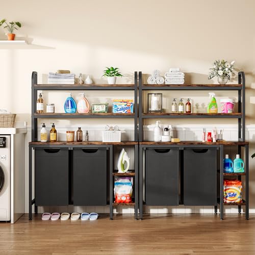 3-Tier Shelves Laundry Basket Hamper, 2 Section Laundry Sorter with Pull-Out Removable Bags, Laundry Hamper Storage Organizer for Closet, Bathroom, Bedroom