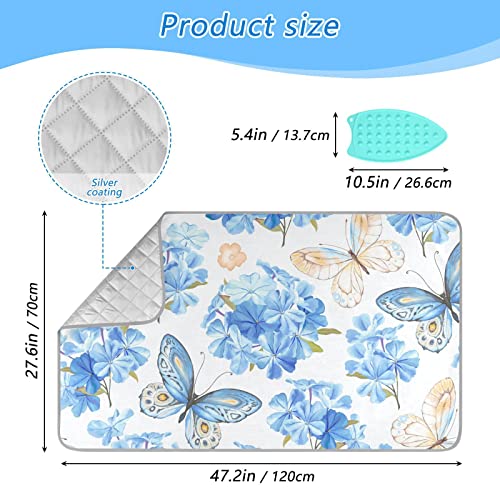Blue Floral Butterfly Ironing Mat Portable Ironing Pad Blanket with Silicone Iron Rest for Table Top Travel Heat Resistant Double-Side Using Large 47x28 Inch Foldable - color: Blue Floral Butterfly