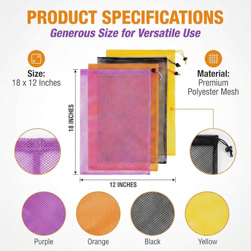 MAQIHAN 7PCS Mesh Drawstring Bags - Colorful Nylon Storage Bags, 18 x 12''