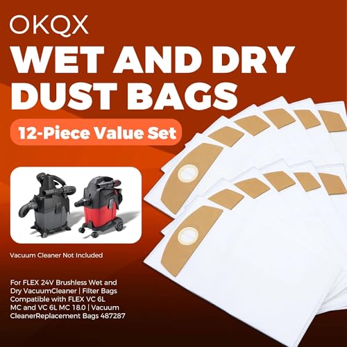 12-Pack Wet/Dry Dust Bags for FLEX 24V Brushless Wet/Dry Vacuum | Filter Bags Compatible with FLEX VC 6L MC & VC 6L MC 18.0 | Vacuum Cleaner Replacement Bags 487287 - color: 12 Pack