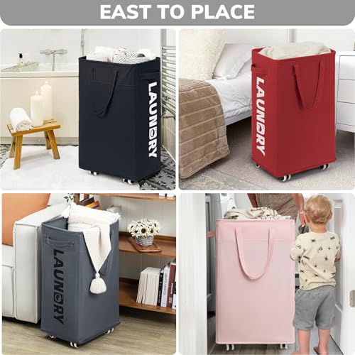 Goodpick 75L Collapsible Laundry Baskets with Wheels and Removable Wash Bag - color: Red 1-Pack
