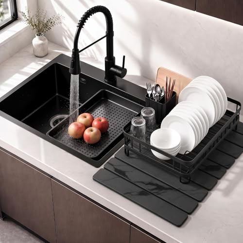Large Stone Dish Drying Mat for Kitchen Counter, Quick Dry Stone Dishes/Bath Mats,Foldable Water Absorbing Diatomaceous Earth Drying Organizer Pad for Plate Rack Bottles Utensils(Dark Gray 24"×16") - color: Dark Gray, size: 24" x 16"