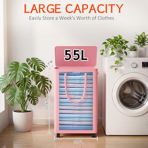 Slim Laundry Hamper with Wheels,15 Gal (55L) Rolling Laundry Basket with lid and wheels Clothes Hamper Foldable Tall Dirty Clothes Basket Sturdy Collapsible Clothes Hamper for Dorm,Laundry Room - color: Pink, size: 55L (15.7"L x 8.7"W x 23.6"H)