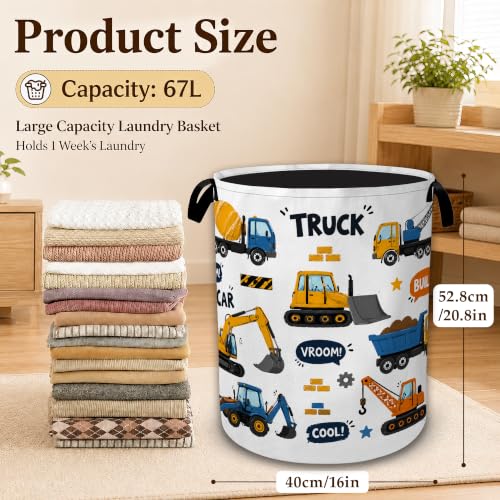 Construction Truck Large Laundry Hamper, Collapsible Oxford Clothes Basket with Handles, Freestanding Dirty Clothes Organizer for Bedroom Bathroom Dorm Laundry Room, 16 x 20.8 Inch - color: Construction Truck