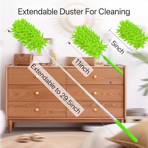 Microfiber Duster for Cleaning,6 Pcs Hand Washable Dusters with 11" to 29.5" Reachable Pole,Small Dusters for Cleaning Office Car Computer Furniture Sofa Ceiling Fan (Green) - color: Green