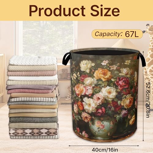 Vintage Oil Floral Laundry Basket Collapsible with Handles,Colorful Waterproof Oxford Cloth Hamper,16 x 20.8 Inch Storage Organizer for Bathroom Bedroom Dorm - color: Vintage Oil Floral, Colorful