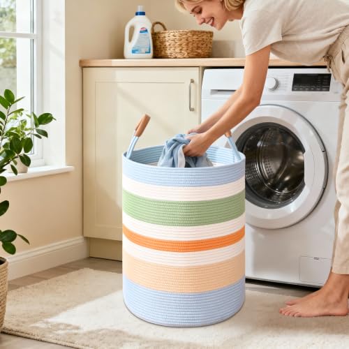 Large Laundry Basket, Laundry Hamper with Leather Handles, 60L Woven Dirty Clothes Hamper, Rope Hampers for Bedroom, Barthroom, Rainbow - color: Rainbow, size: 60L