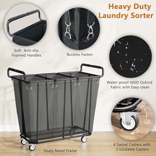 Gewudraw 3 Section Heavy Duty Laundry Sorter Cart with Wheels, 360L, Black - color: Black, size: 3-Section-360L