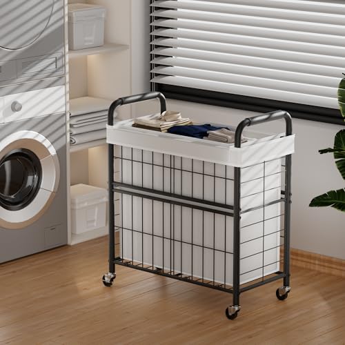 145L Rolling laundry Sorter Hamper Basket 3 Section with Wheels - color: White, size: 145L