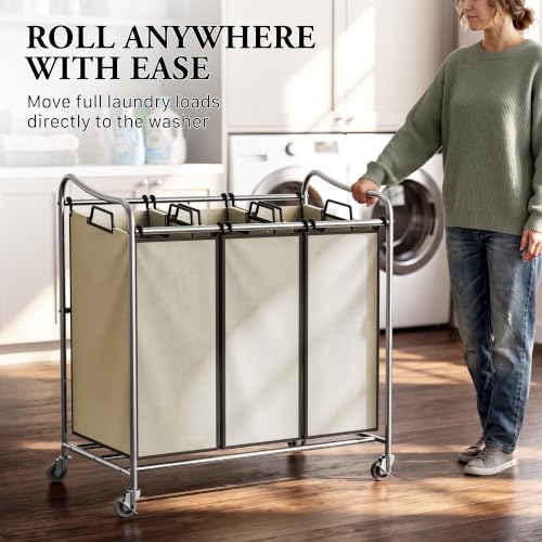 Simple Houseware Heavy Duty 3-Bag Laundry Sorter Rolling Cart, Chrome - color: Chrome
