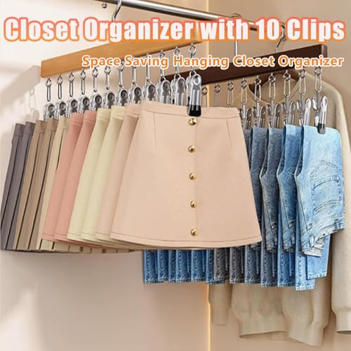 Hat Hangers for Closet,Space Saving Hanging Hats Organizer with 10 Clips,Wooden Legging Hangers 2 Pack,360° Rotating Closet Organizer for Pants, Skirts and Socks Storage (Set of 2,Natural) - color: Natural Wood*2