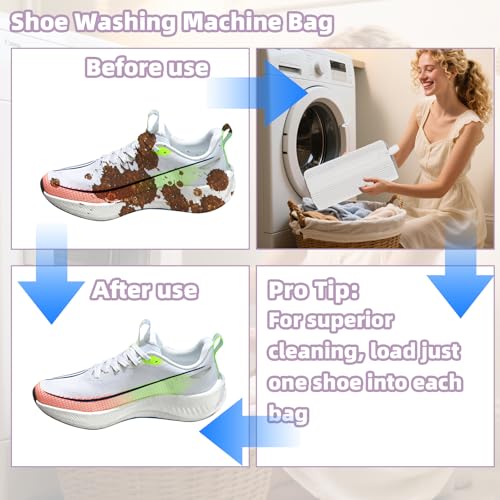 Shoe Washing Machine Bag Shoe Laundry Bags for Sneakers Reusable 2pc Shoes Cleaning Bags 360° Deep Clean for All Shoes Types With Invisible Zipper - color: White 2pcs