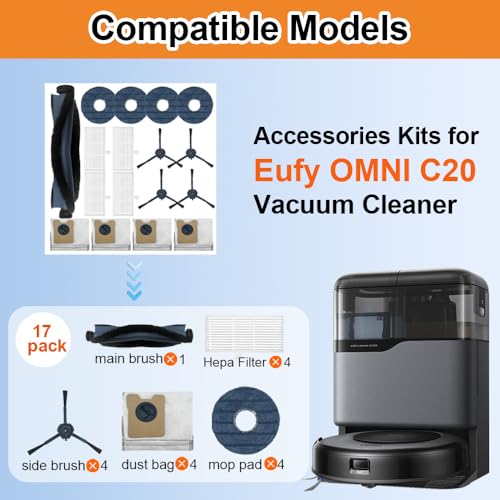 17pack Omni C20 Accessories, Replacement Parts Compatible with Eufy Omni C20 Robot Vacuum Cleaner, 1 Set Main Brush, 2 HEPA Filter, 4 Side Brushes, 4 Mop Pad, 4 Dust Bags - size: 17pc