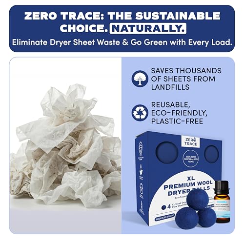 Zero Trace Wool Dryer Balls - Dryer Balls Laundry Reusable - Eliminate Wrinkles Static & Lint – Cruelty Free & Non-Toxic - Laundry Balls for Dryer -Fabric Softener Ball – Wool Balls with Fragrance Oil