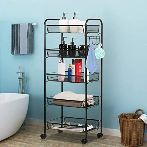JANE EYRE 5-Tier Rolling Utility Storage Rack Cart on Wheels, Trolley Craft cart, Multi-Purpose Organizer Shelf, Black - color: Black, size: 5 Tier