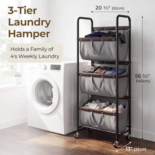 GRANNY SAYS 3 Tiered Laundry Sorter, Narrow Hamper Cart with Wheels - color: Grey
