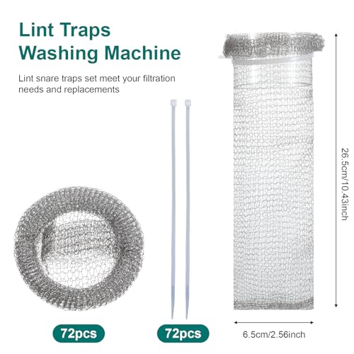 72 Pcs Stainless Steel Lint Traps for Washing Machine, Silver Laundry Mesh Washer Drain Hose Filter Snare with 72 Pcs Cable Ties
