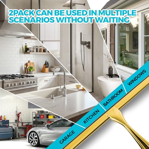 ALFLOD 2pcs Shower Squeegee for Glass Doors with Adhesive Hanging Hook Set - color: Golden, size: 10 Inch