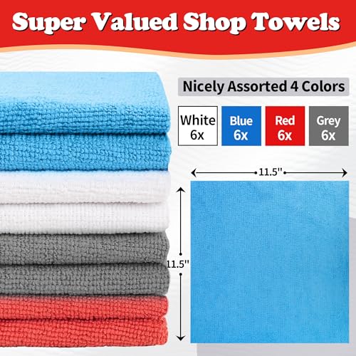 FIXSMITH Shop Towels, Microfiber Cleaning Cloth Bulk, 24 Pack Microfiber Towels for Cars, All-Purpose Absorbent Cleaning Rags, Dust Cloth for Automotive, Mechanic, Garage, Bar, 11.5 x 11.5 inch - color: 4 Colors, size: 24PK