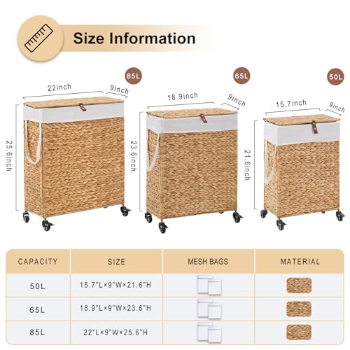 Slim Rolling Laundry Hamper with Lid and Wheels (Natural, 50L) - color: Natural/With Lid/50L