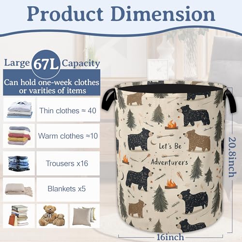 Funny Adventure Bear Forest Laundry Basket,Oxford Cloth Laundry Hamper With Handle Foldable Portable Clothes Storage Basket for Laundry Room/Bedroom/Bathroom 20.8"x16" - color: Funny Adventure Bear Forest