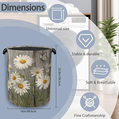 Vintage Daisy Laundry Basket,Wooden Butterfly Oxford Cloth Laundry Hamper with Handle Foldable Portable Clothes Storage Basket for Bathroom Bedroom Dorm Room 16" x 20.8" - color: Vintage Daisy Wooden Butterfly