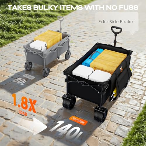 Navatiee Big Wheels Collapsible Wagon Cart Foldable, Heavy Duty Beach Wagon with Silent All-Terrain Wheels, Folding Utility Grocery Cart with Side Pocket and Brakes for Camping Garden Sports, Black - color: Black, size: 140L