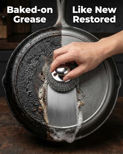 8 Pcs Steel Wool Scrubbers with 2 Pcs Handle,Stainless Steel Scouring Pads for Cast Iron Skillets, Grill & Kitchen Pots - Rust Resistant, Non-Splintering Heavy Duty for Tough Grease - color: 6 Pcs - 1