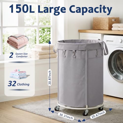 150L Large Capacity Rolling Laundry Basket Hamper with Wheels, Clothes hamper and Removable Bag for Home, Laundry Room, Bedroom, Bathroom, Apartment, Dorm - color: Light gray