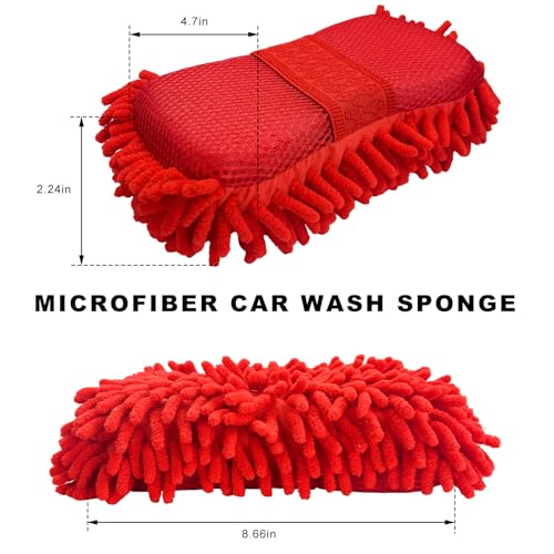 Microfiber Car Wash Sponge, Scratch-Free Vehicle Washing Mitt with Chenille & Mesh Sides, Highly Absorbent Sponge Lint-Free Cleaning Tool for Car Washing & Detailing (Red) - color: Red, 1 Pcs