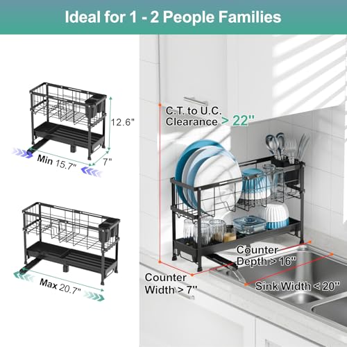 GSlife Narrow 2 Tier Dish Drying Rack - Expandable for Small Kitchens & RVs - color: Black, size: Narrow 7" Width