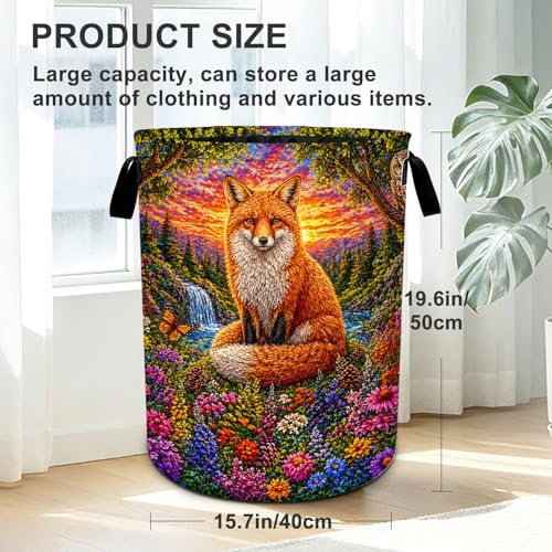 Fox Flowers Laundry Basket Foldable Oxford Laundry Hamper With Handle For Room Bathroom Bedroom - color: Fox