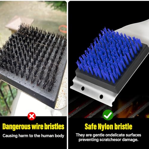 XUDAKAIXIN Grill Brush and Scraper, Dual Grip Design,Extra Strong BBQ Cleaner Accessories,Safe Nylon Bristles Barbecue Triple Scrubbers Cleaning Brush for Cast Iron Grates/Porcelain/Charcoal Grill - color: Blue