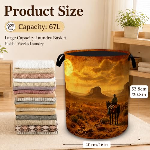 Western Desert Cowboy Decorative Laundry Hamper, Tall Foldable Oxford Clothes Basket with Handles, Lightweight Dirty Clothes Holder for Bedroom Bathroom Laundry Room - color: Western Desert Cowboy
