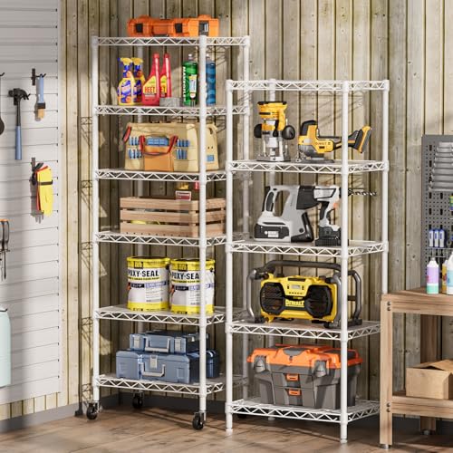 SINGAYE 6 Small Wire Shelves Kitchen Pantry Close Home Organizers and Storage Bathroom Shelf Laundry Room Organization Adjustable Book Metal Garage Shelving Unit - color: White, size: 6-Tier 11.8"D X 17.3"W X 61.7"H