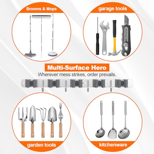 Broom Holder Wall Mount Mop Organizer, 5 Racks 4 Hooks