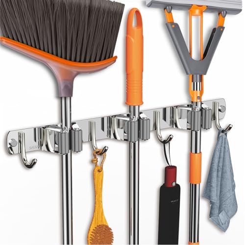 CUXIXA 2 Pack Mop and Broom Holder Wall Mount, Non-slip Broom Hanger, Heavy Duty Mop Broom Organizer for Kitchen Garden Garage Laundry Room Wall Decor Organization and Storage Silver 3R4H - color: Silver, size: 2 Pack 3 Racks with 4 Hooks