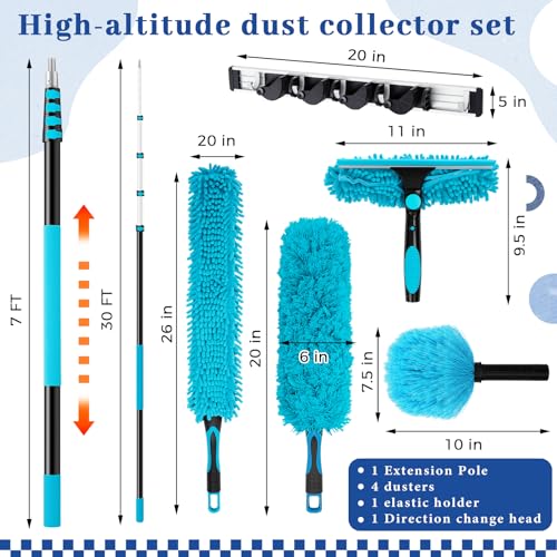 36 ft High Reach Duster Kit, 6 Attachments, Fan Cleaner, Blue - color: Blue, size: 7-30 ft
