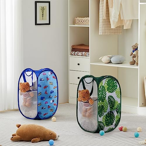 TECHMILLY Collapsible Mesh Pop Up Laundry Hamper with Sturdy Handles and Side Pocket - Portable Foldable Clothes Baskets for Dorm, Bathroom & Travel Storage (Green Leaf) - color: Green Leaf, size: 1 Pack