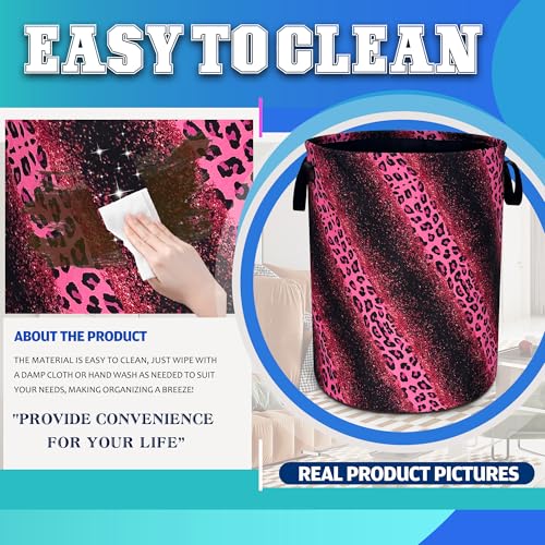 Pink Leopard Print Laundry Basket Foldable Oxford Cloth Hamper 18.9x16.5 In - color: Pink Leopard Print