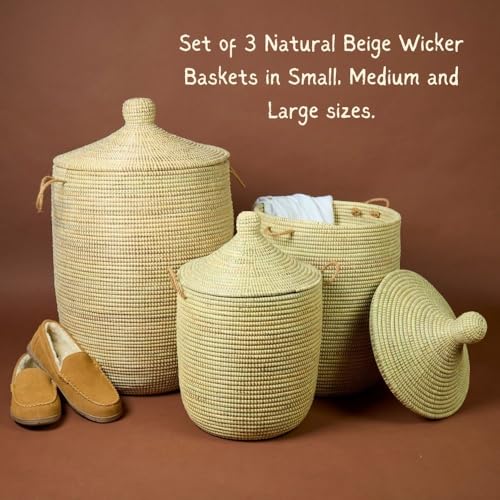 Tall Laundry Hamper with Lid and Handles, Beige Wicker Storage Basket for Bedroom, 18" Wide, 23" Tall - color: Beige