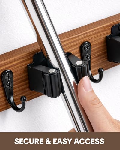 Lorbro 2 Pack Broom Holder Wall Mount, Wooden Rack with 4 Slot & 4 Hook - color: Brown