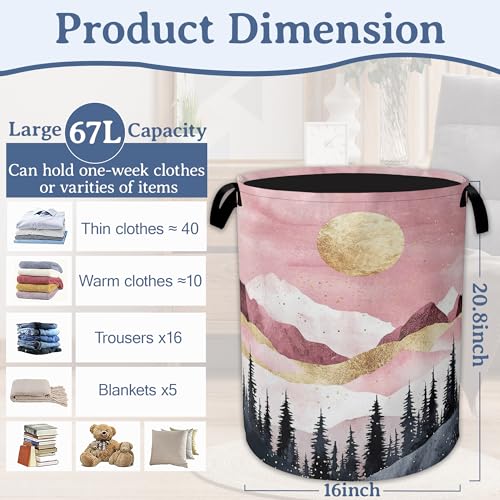 Mountains Laundry Basket,Foldable Oxford Cloth Sun Forest Golden Pink Laundry Hamper with Handles, 20.8"x16" Tote Bag Clothes Storage Bucket for Laundry Room/Bathroom/Bedroom/Dormitories - color: Mountains Sun Forest Golden Pink
