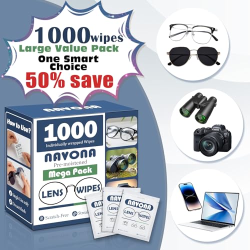 1000 Count Lens Wipes for Eyeglasses – Pre-Moistened, Individually Wrapped Eyeglass Cleaning Wipes – Scratch-Free, Streak-Free Glasses Cleaner Wipes for Sunglasses & Camera Lens – Bulk Pack - size: 1 Count (Pack of 1000)