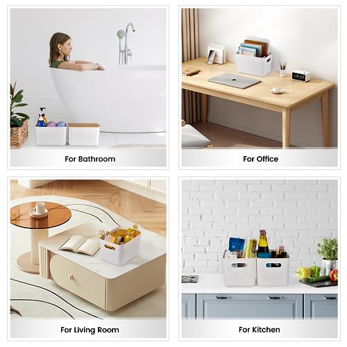 Ohmlove 4 Pack Storage Bins with Bamboo Lids,Stackable Box for Organization - color: White