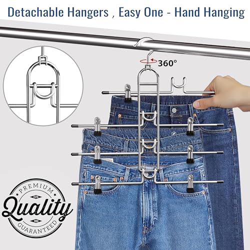 Pants Hangers With Clips, Newly Upgraded Detachable Space Saving Hangers for Skirts, Shorts & Trousers with Non slip clip,Heavy Duty Skirt Hangers - Hanging Closet Organizer And Storage,Patent Pending - color: Silver-4 Layers, size: 4pcs