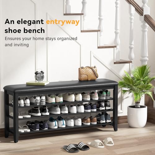 Taitiy Shoe Bench with 3 Tier Adjustable Shelves Rubberwood Entryway 47.2'' - color: Black, size: 47.2''